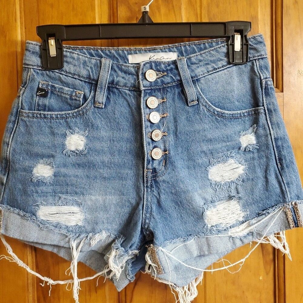 Kancan Denim Short Shorts Size 0/23 Distressed Light‎ Wash Button Fly